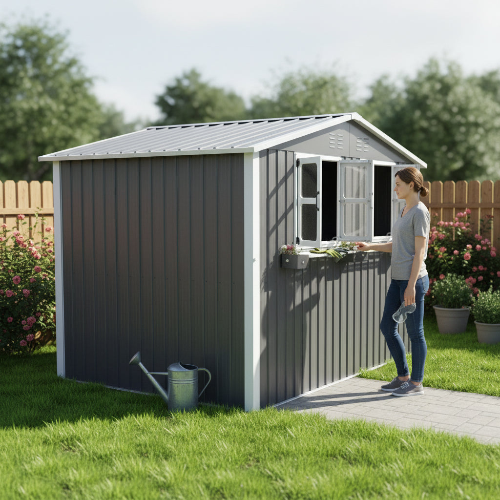 9x6 FT Outdoor Metal Garden Shed with Window & Flower Rack