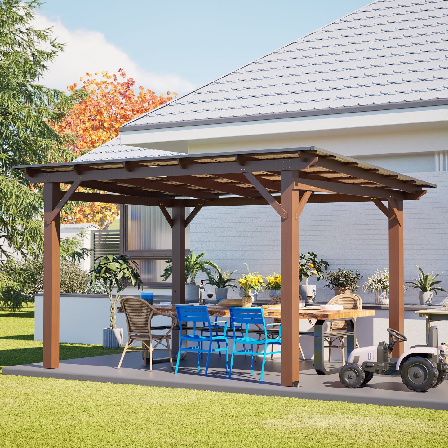13x10ft Wooden Garden Gazebo with Metal Roof - Brown