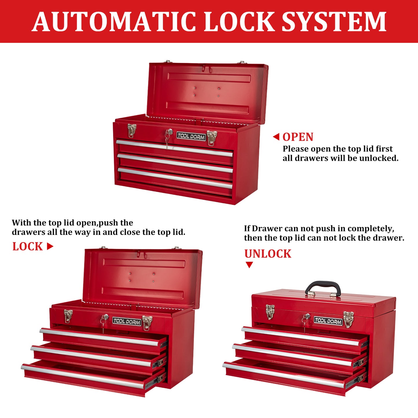 20.3-Inch Metal Tool Box with Drawers, Lockable Steel Chest for Garage and Workshop