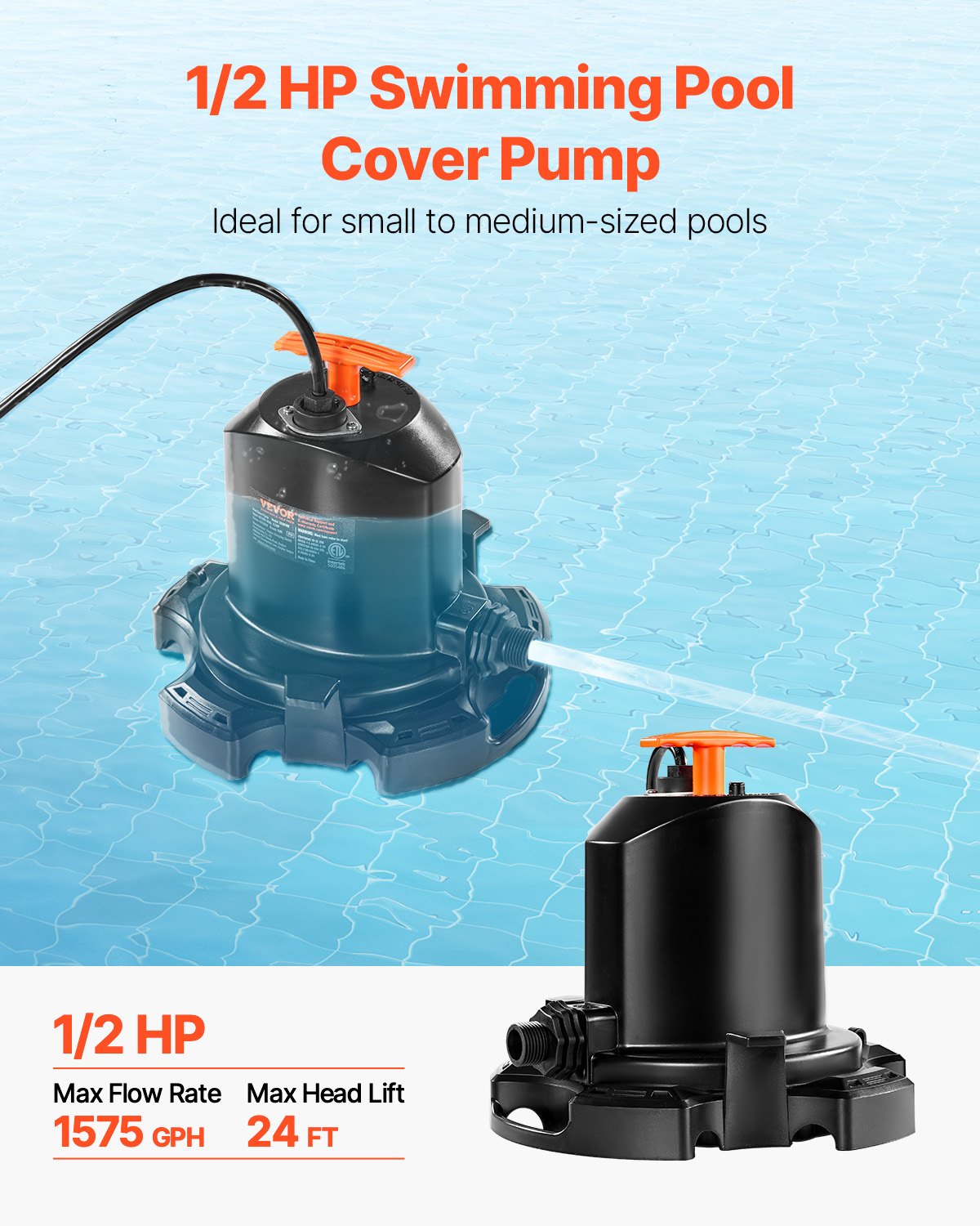 Pool Cover Pump 1/2 HP Submersible Water Drainage with 1575 GPH & 25 Ft Cord