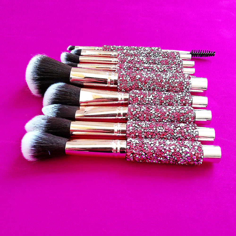 10-Piece Diamond Inlaid Makeup Brush Set with Storage Bag - Pink