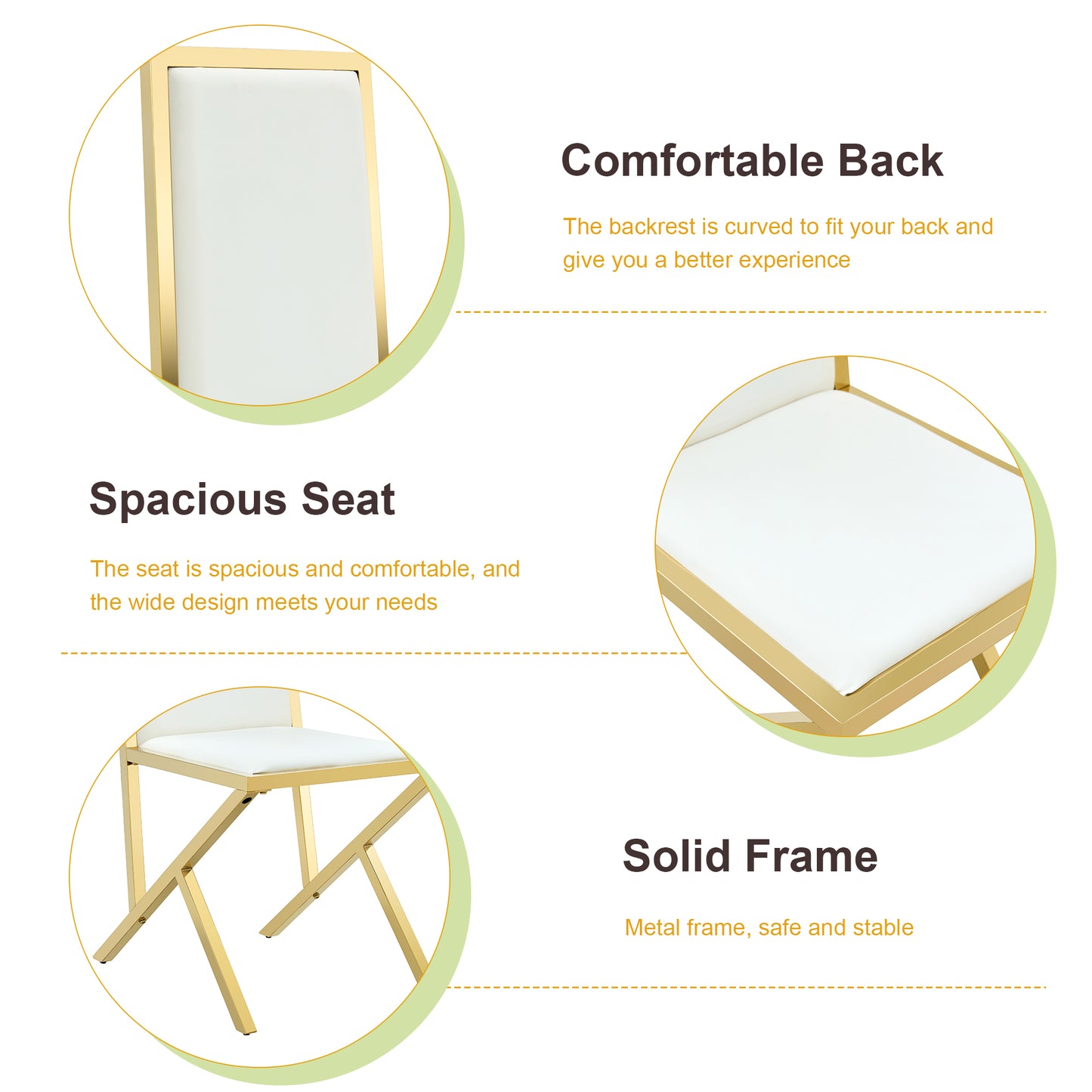 2-pack Gold Metal Framed White PU Dining Chairs Ergonomic Design, A