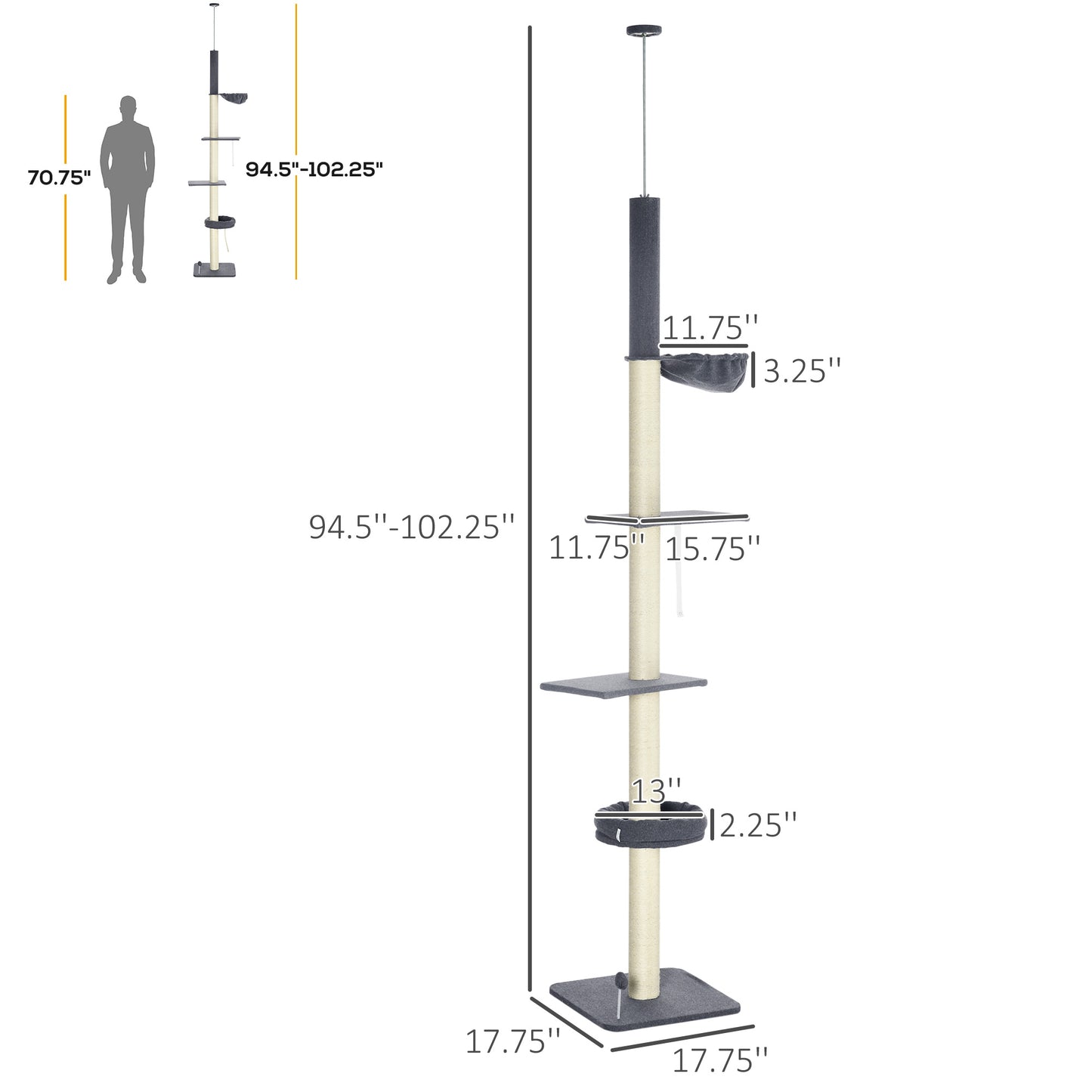 Adjustable 5-Tier Cat Tree with Cozy Bed, Hammock & Scratching Posts - Dark Gray & Cream