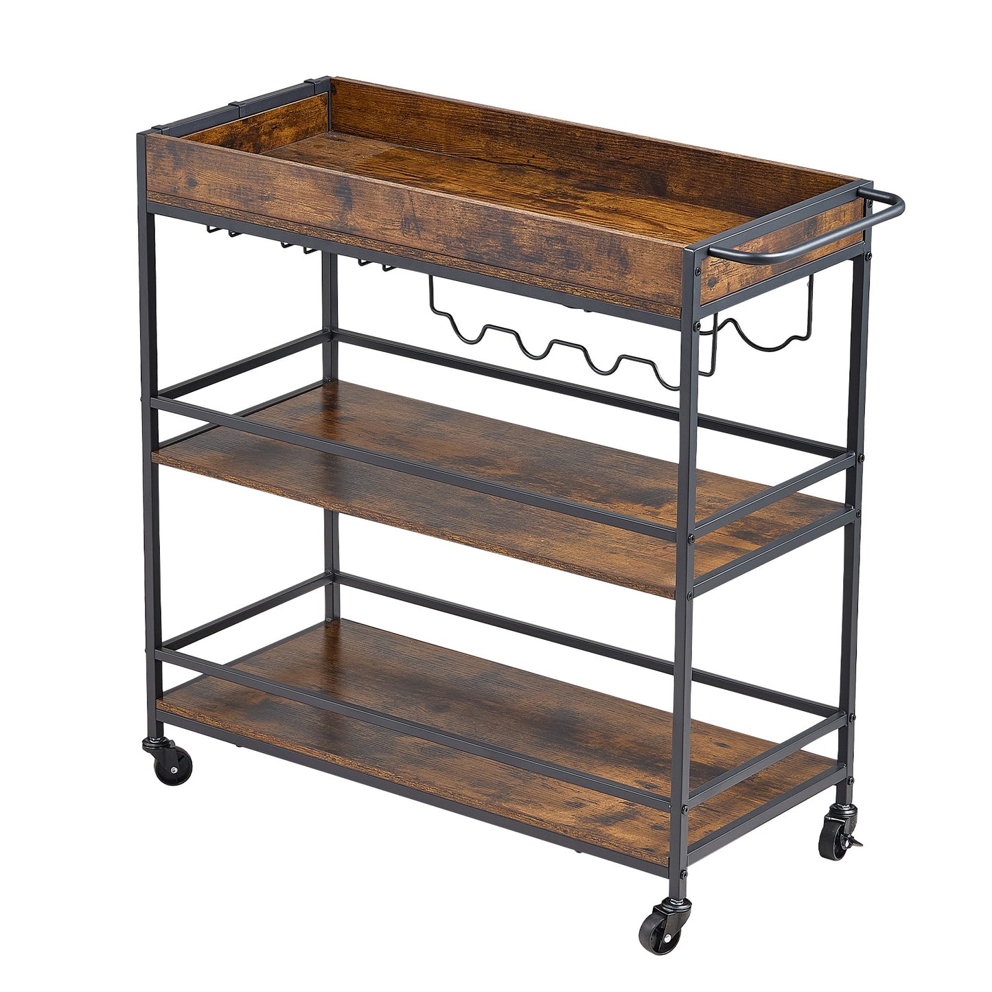 3-Tier Rustic Bar Cart with Wine Rack & Glass Holders - Mobile Serving Station