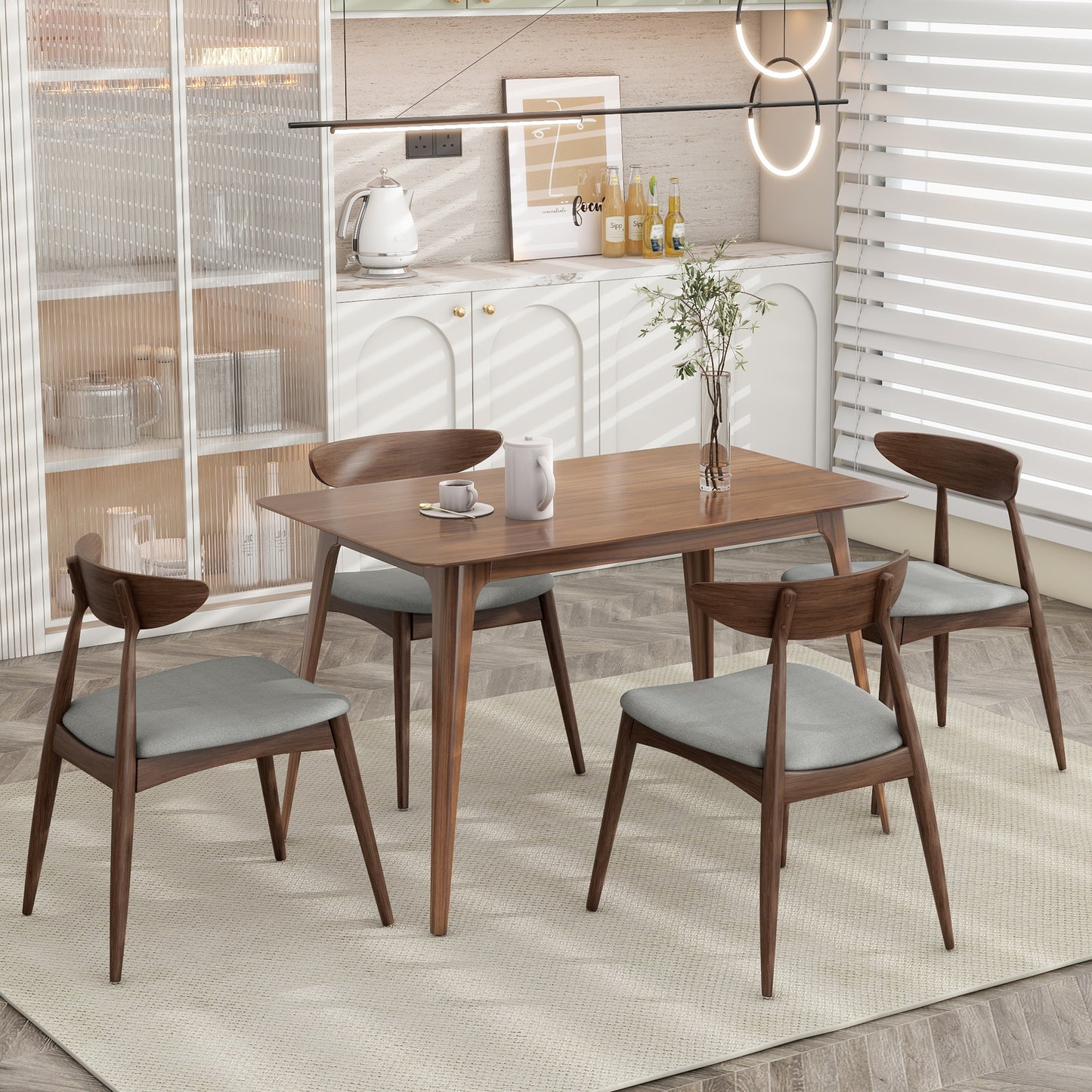 Set of 2 Retro Rubberwood Dining Chairs with Cushions - Light Gray & Walnut