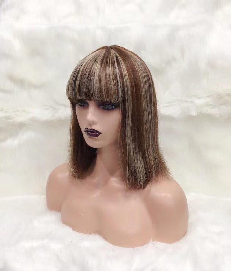 Human Hair Lace Wig with Straight Bangs - Brown, Medium Length, Reusable