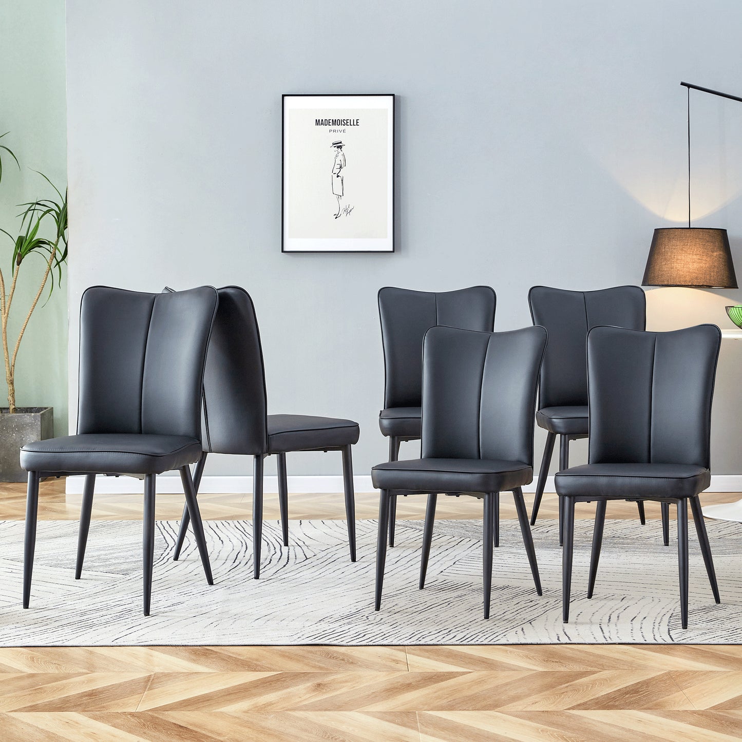 Modern Black PU Chair Set - Six Pieces, The Backrest Has A Vertical