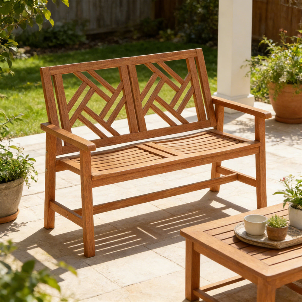 Outdoor Bench Wood 2-Person Patio Loveseat Chair With Geometric