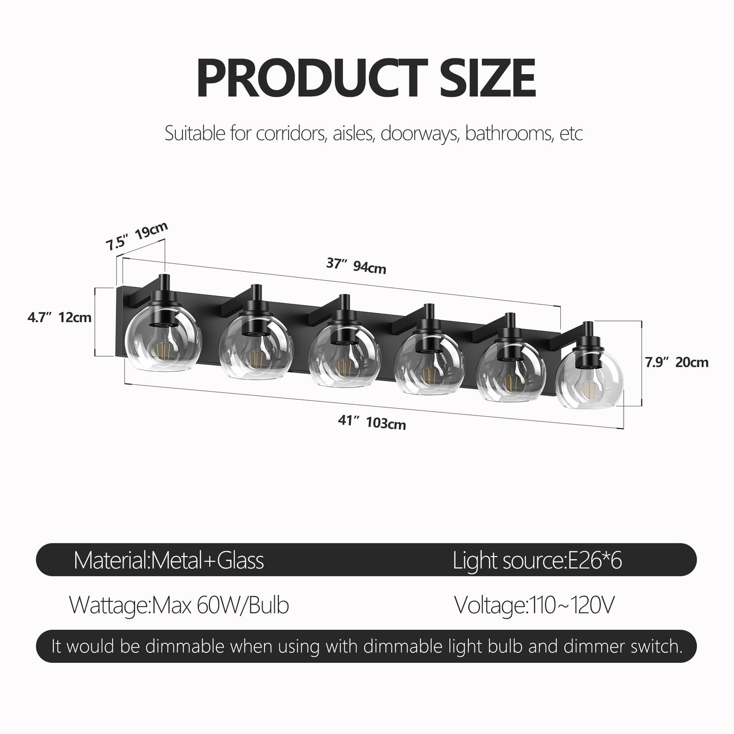 6-Light Bathroom Vanity Light Fixture - Rustic Black Glass Shade