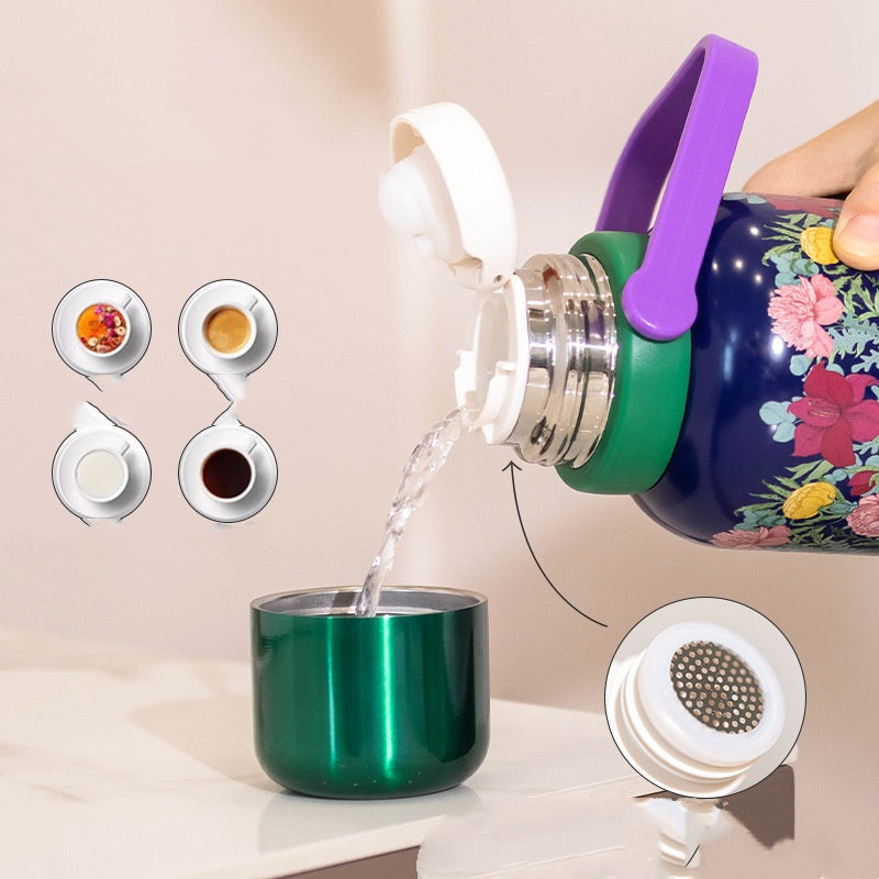 Insulated Flower Water Bottle 1200ml - Peony & Sea Floral Handle Drinkware