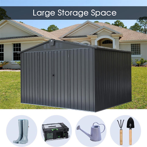 10x8 ft Metal Garden Storage Shed with Lockable Doors - Rustproof Outdoor Cabinet