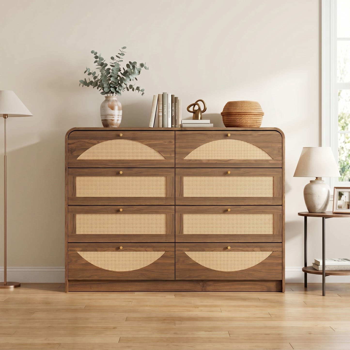 Walnut 8-Drawer Dresser with Rattan Front - Modern Storage Cabinet