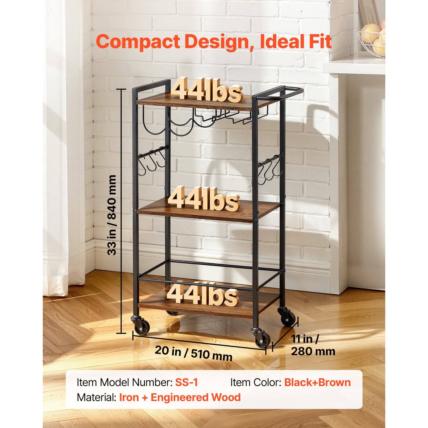 Bar Cart 3-Tier Serving Cart with Wine Rack & Glass Holder - Rustic Brown & Black