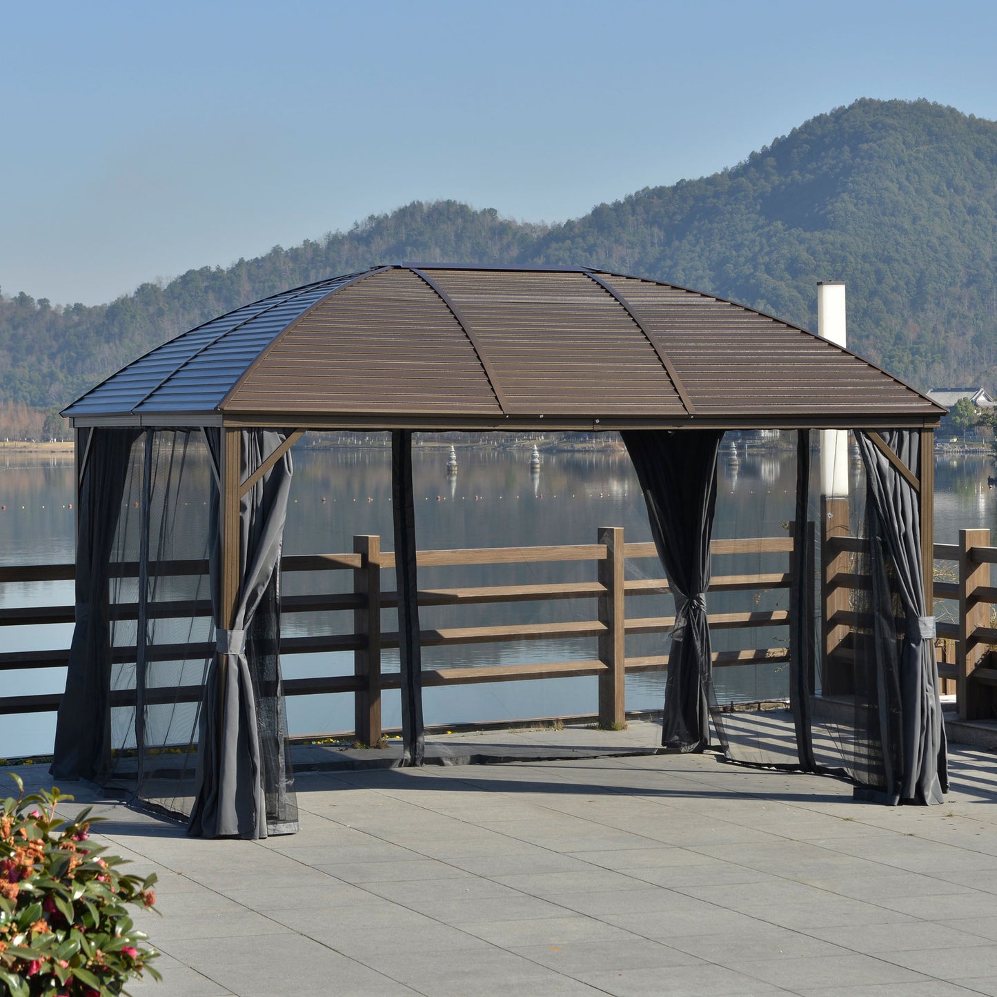 Gray Hardtop Gazebo with Steel Roof and Curtains for Patio