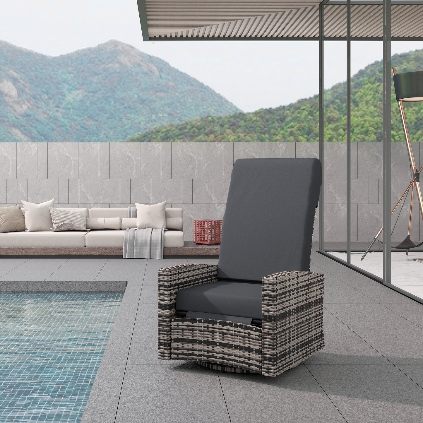 Outdoor Wicker Swivel Recliner Chair with Lifting Footrest - Gray