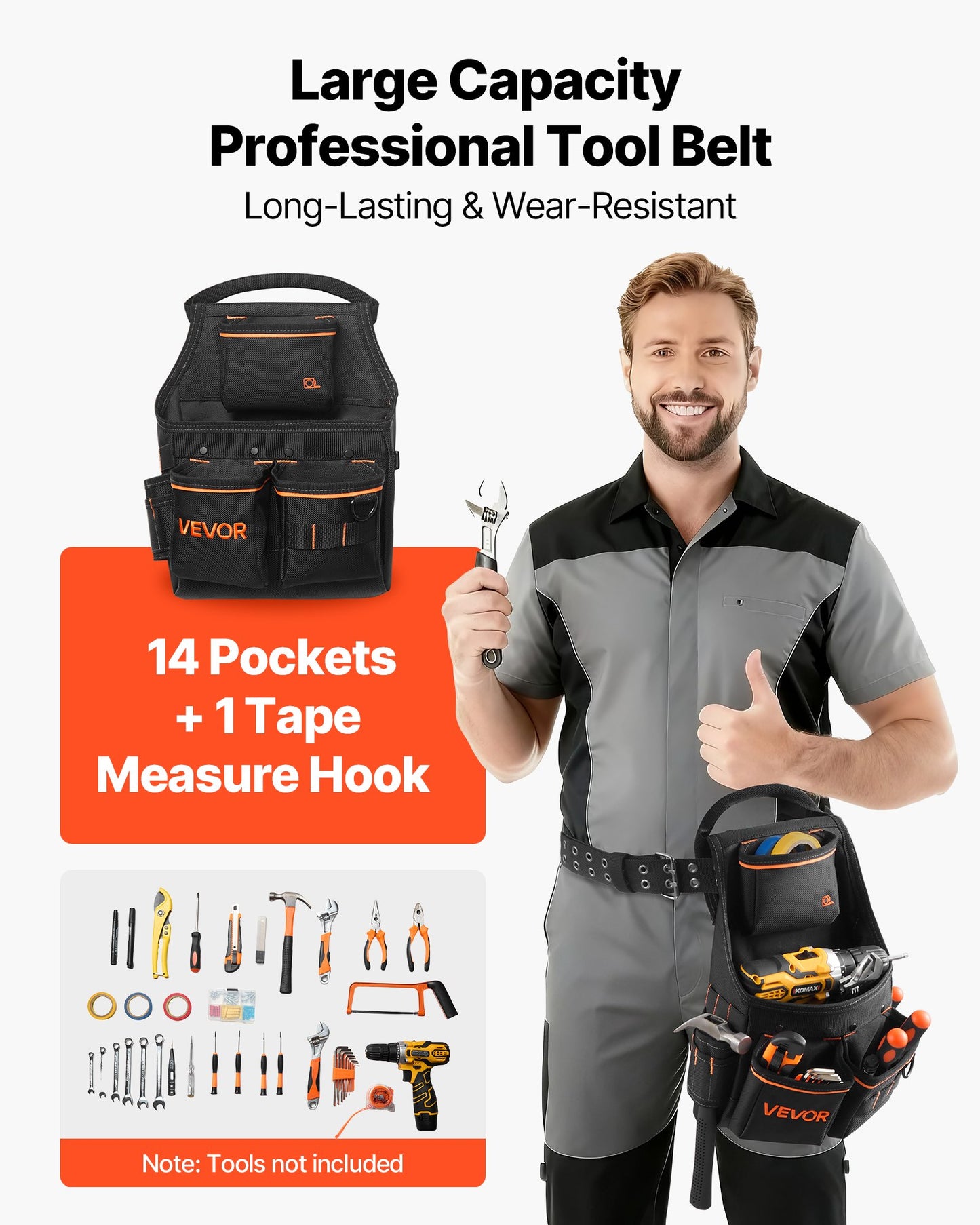 Heavy Duty Tool Belt with 14 Pockets, Adjustable Waist for Construction & Electricians