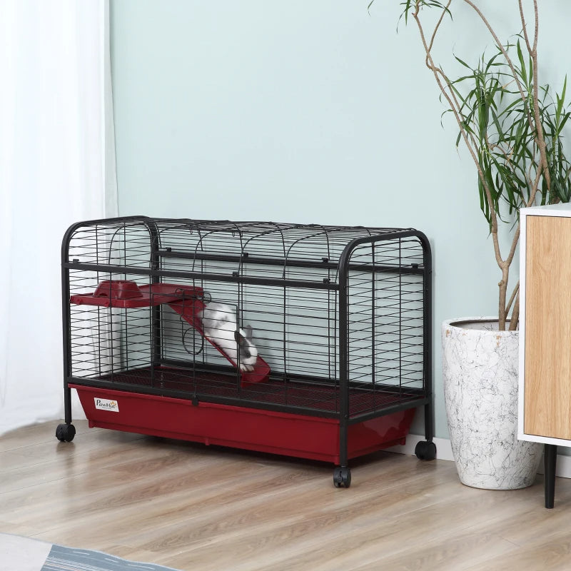 Small Animal Cage with Ramp & Feeder - Mobile Pet Hutch for Rabbit & Ferret, 41.5 Inch