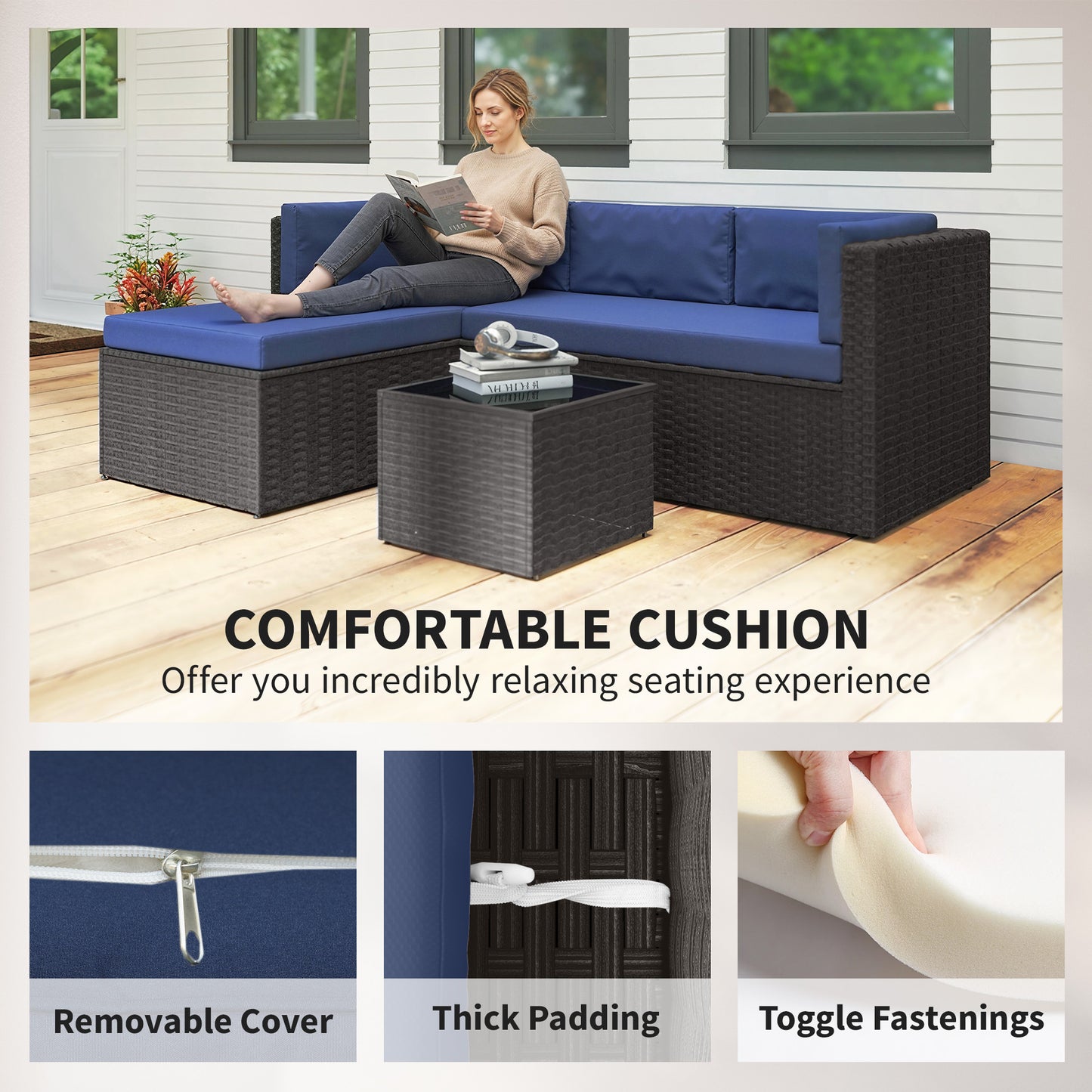 3-Piece Wicker Patio Furniture Set with Cushions & Glass Table - Navy Blue