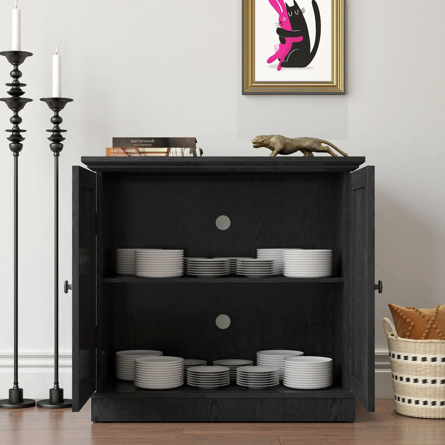 Storage Sideboard Cabinet With 2 Decorative Acrylic Mirrored Doors,