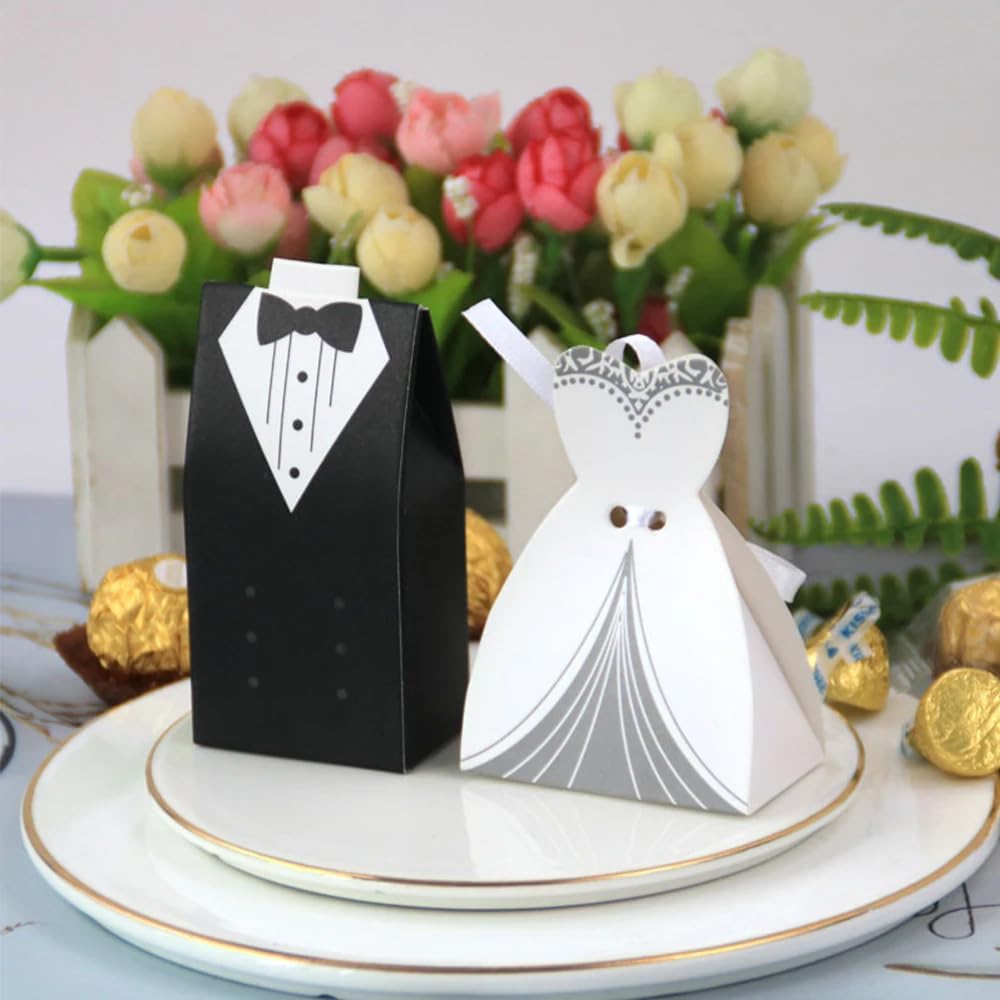 Wedding Tuxedo Gift Boxes with Ribbon - 100 Pcs Black & White