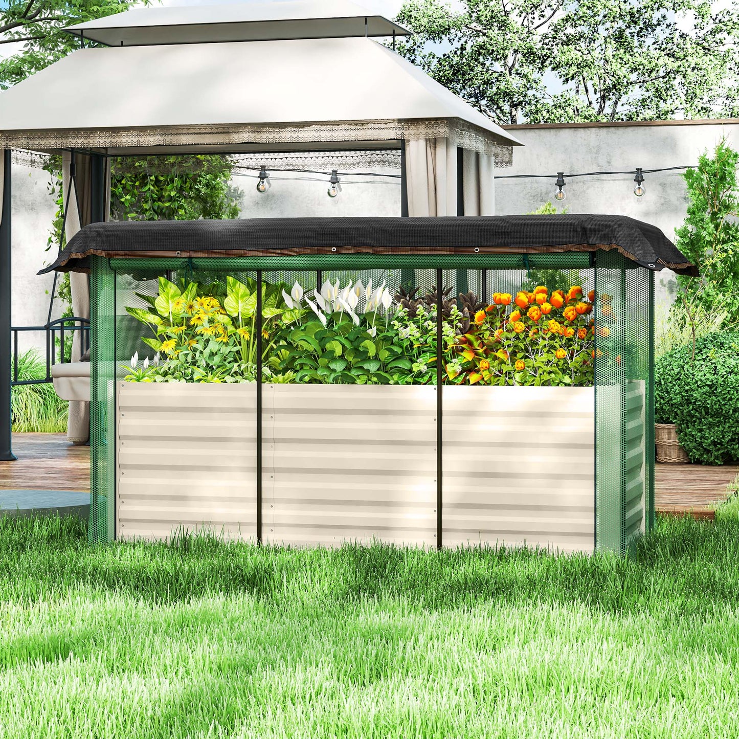 Galvanized Steel Raised Garden Bed with Crop Cage & Shade Cloth - Beige