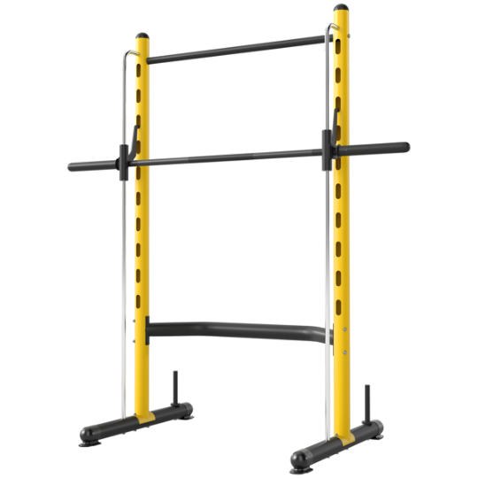 Adjustable Yellow Squat Rack with Pull-Up Bar and Storage