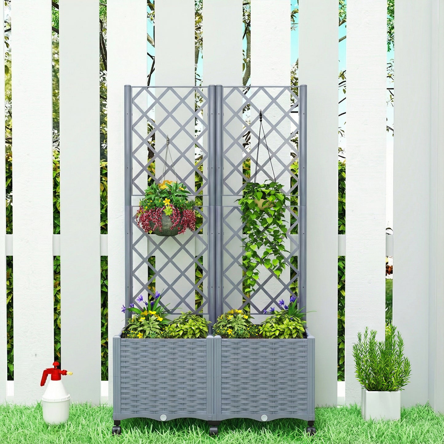 Self Watering Raised Garden Bed with Trellis and Lockable Wheels - Gray, 510x610x210 mm
