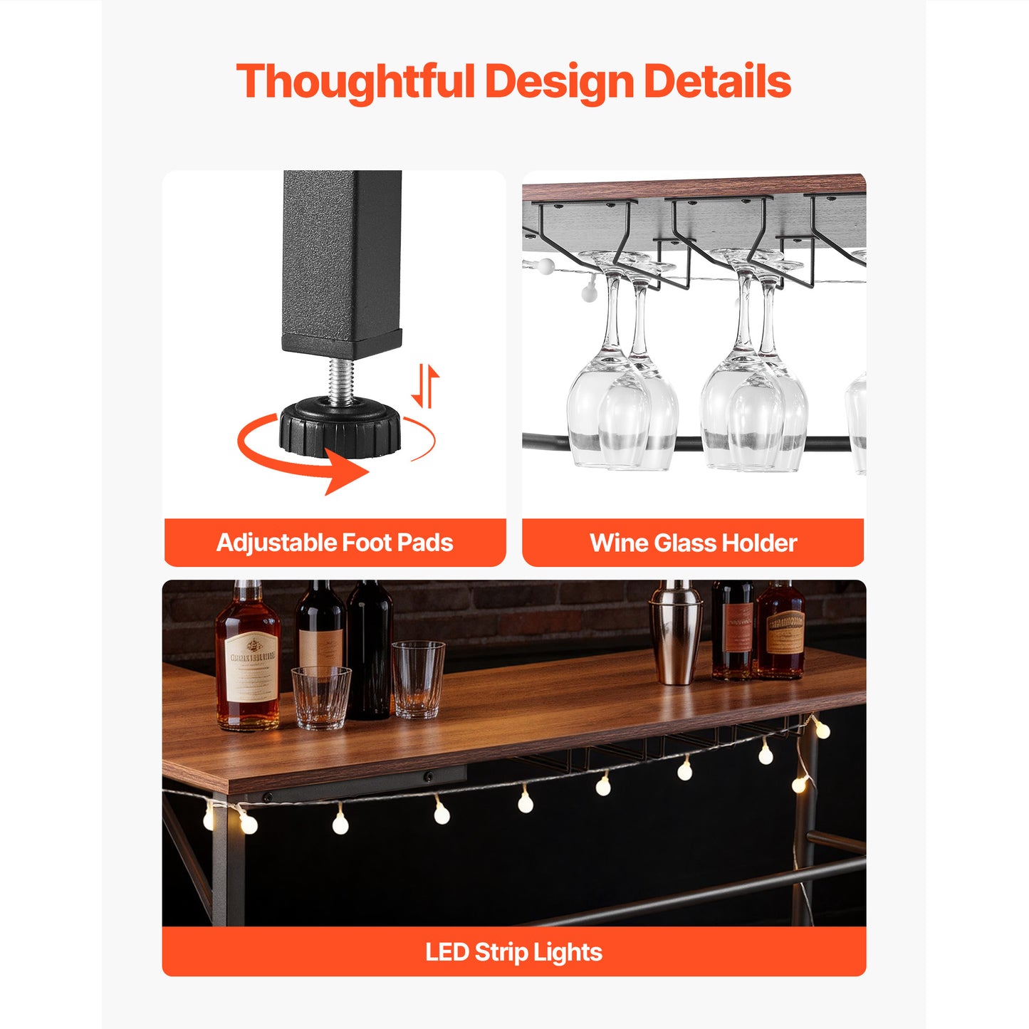 L-Shaped Wine Bar Cabinet with LED Lighting and Storage Shelves - Walnut Finish