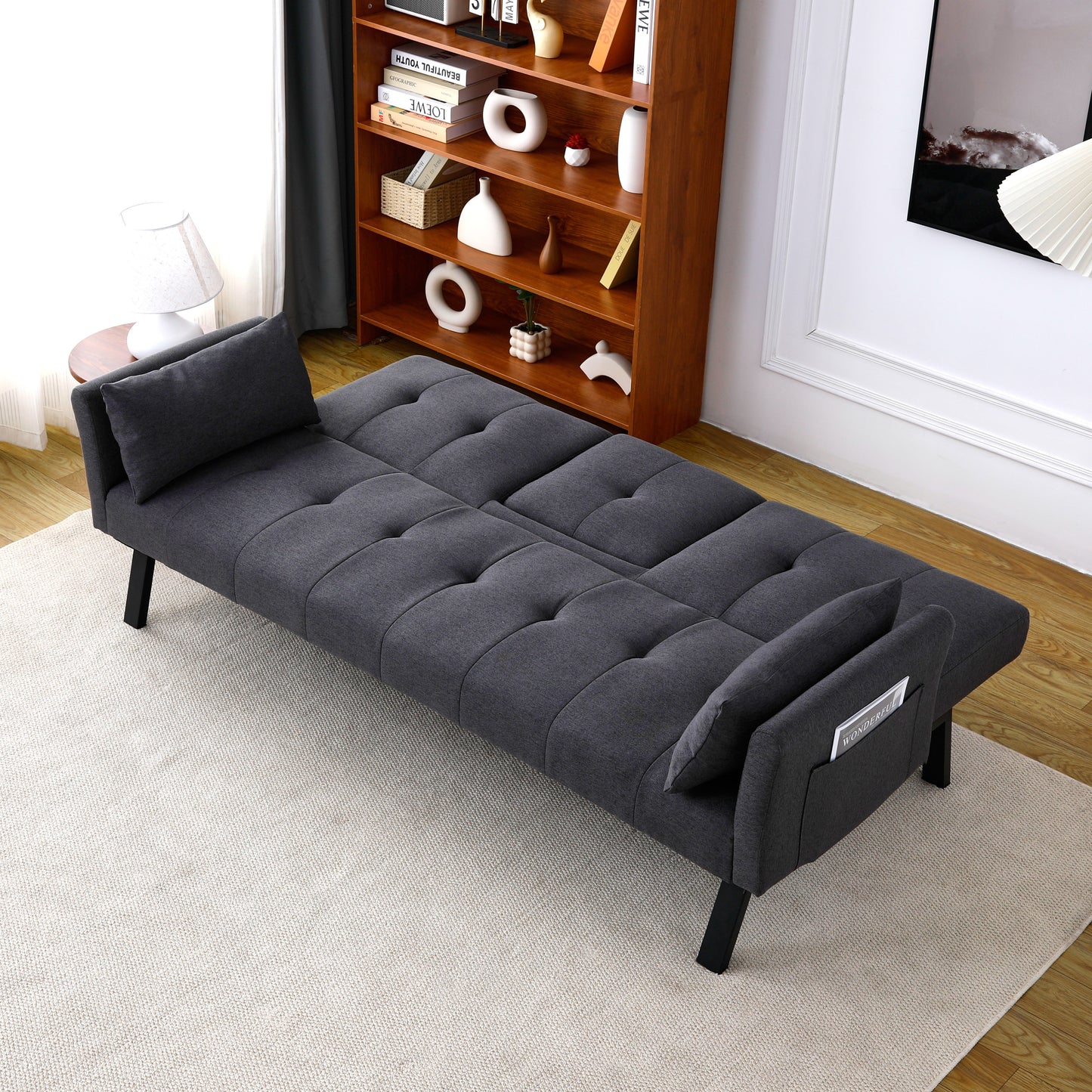 70-Inch Multi-Functional Cotton Linen Sofa Bed with Cup Holder - Dark Grey