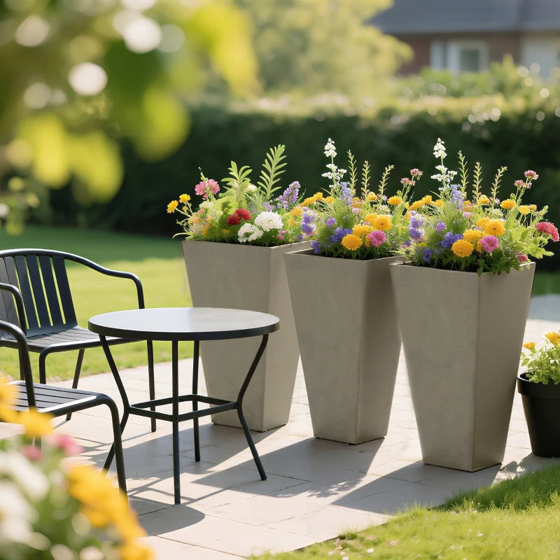 Set of 3 Tall Outdoor & Indoor Planters - 28 Inch Grey Tapered Pots with Drainage