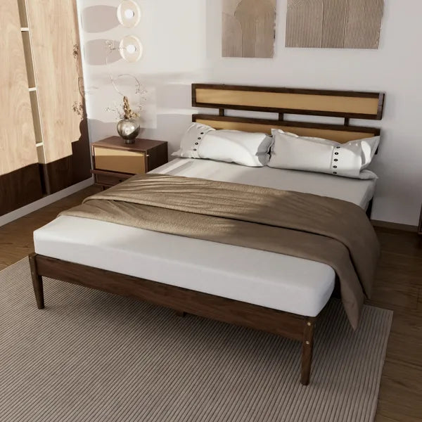 Queen Size Rattan Woven Headboard - Bohemian Style, Dark Walnut