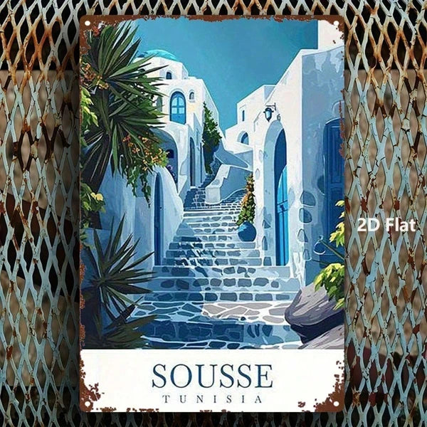 Blue Mediterranean Metal Wall Sign - 8x12 Inch Plaque Art