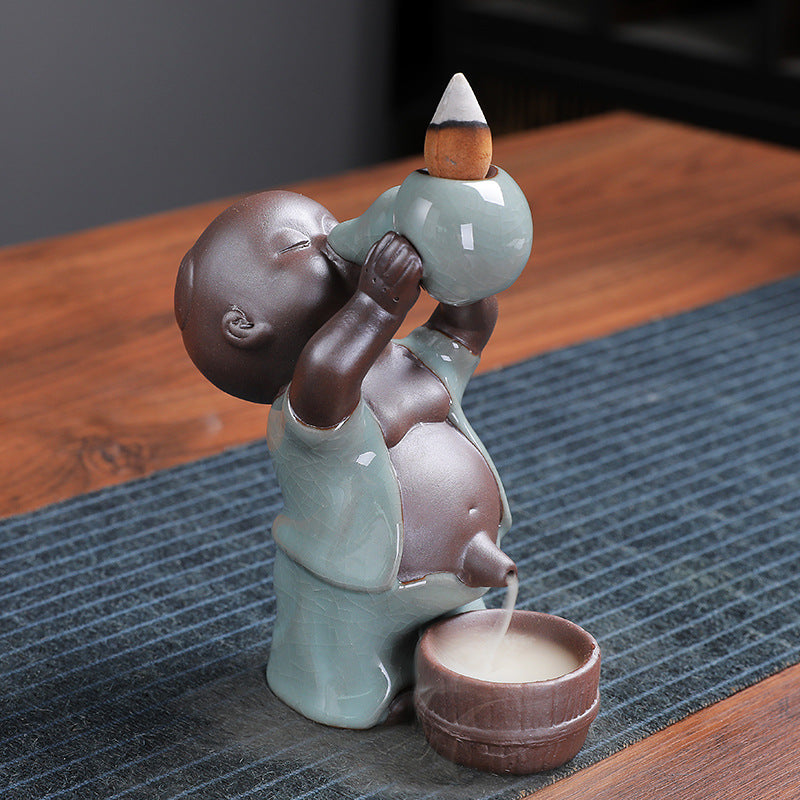Chinese Backflow Incense Burner with Cracked Ice Boy Ceramic Decor for Aromatherapy