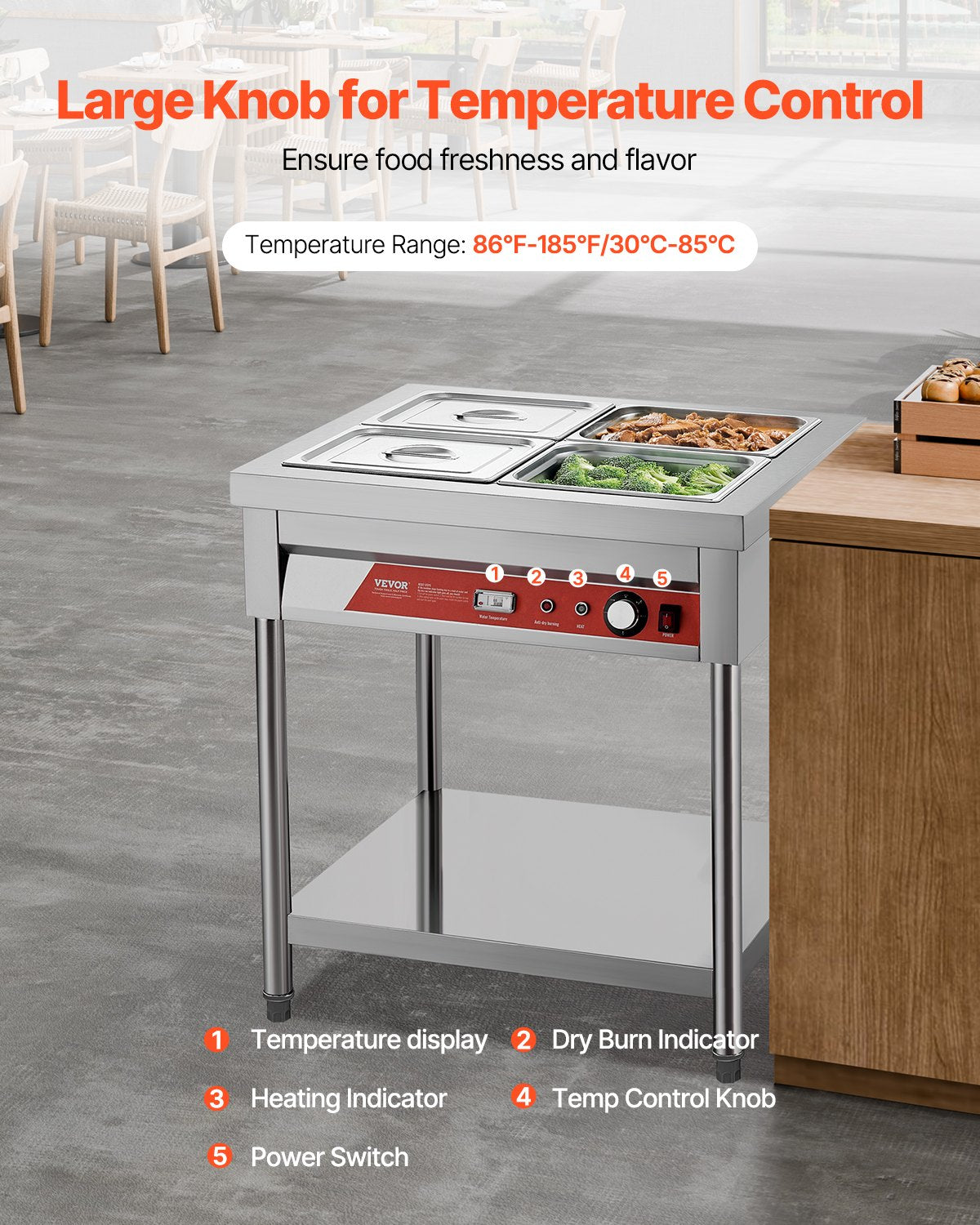 Commercial Electric Food Warmer with 4 Half-Size Pans & Undershelf - Silver