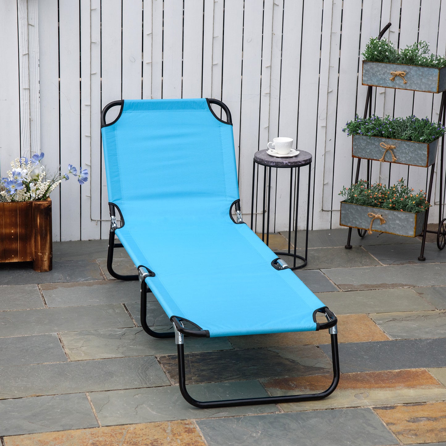Folding Chaise Lounge Chair - 5-Level Recline, Sky Blue