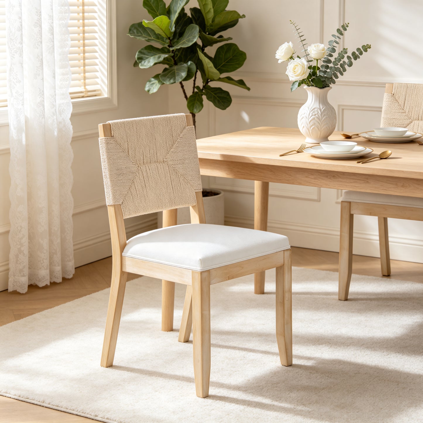 Beige Farmhouse Dining Chairs Set of 2 - Woven Back & Upholstered Seat