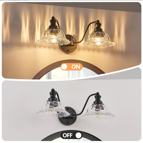 20 Inch 2-Light Vintage Bathroom Wall Sconce - Black Metal & Glass Vanity Light