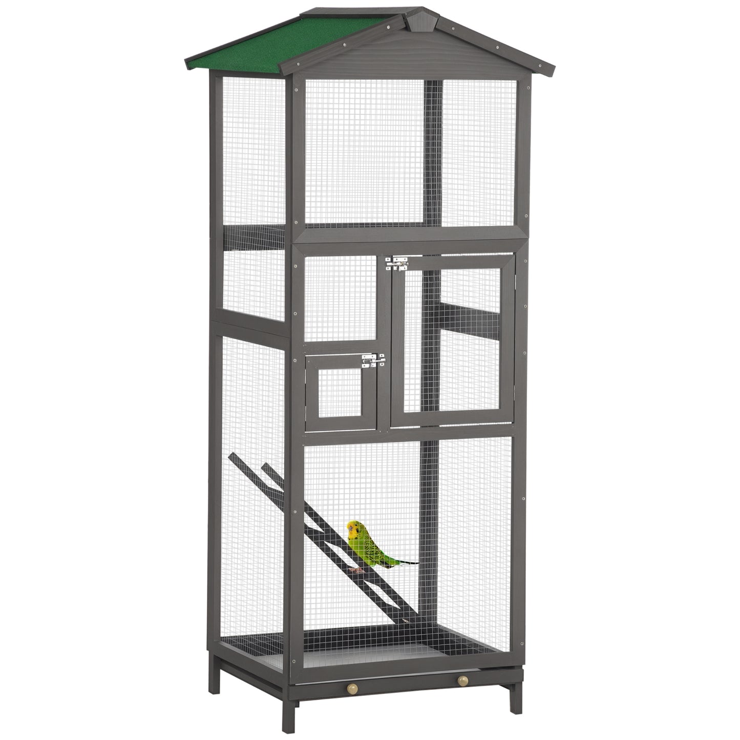 65-Inch Outdoor Wooden Bird Cage for Parrots & Small Birds with Pull-Out Tray - Grey