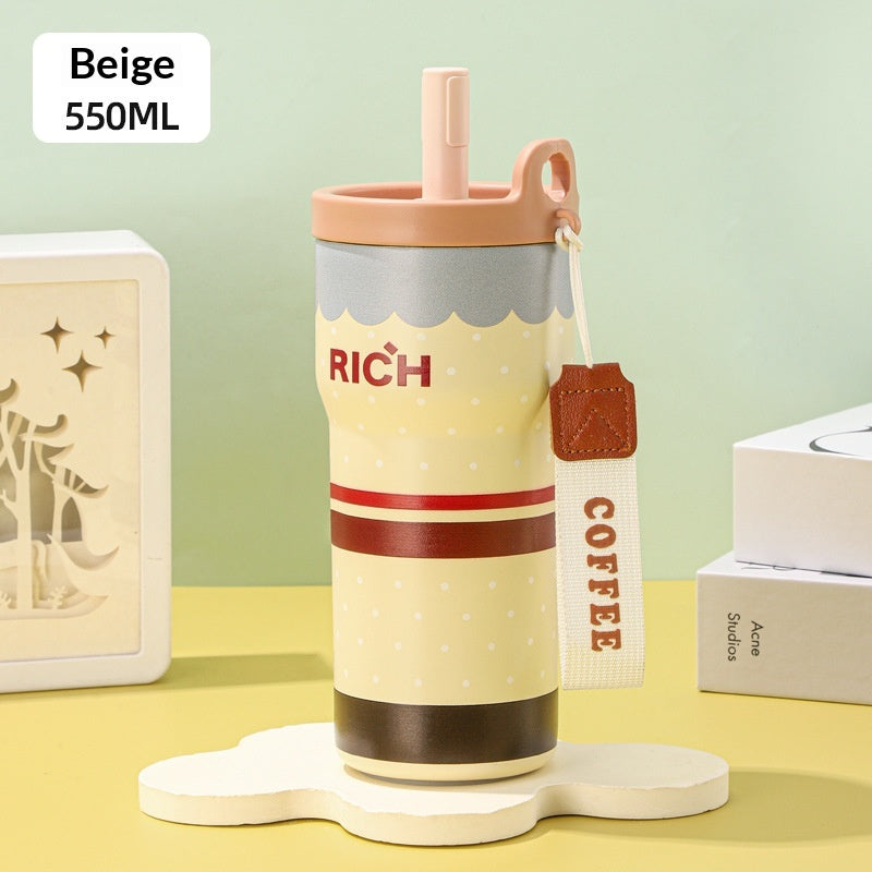 Insulated Stainless Steel Travel Mug with Straw - Large Capacity Coffee Cup
