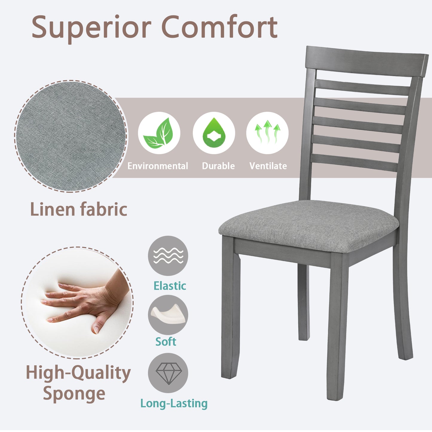 Set of 4 Upholstered Dining Chairs - Gray Wooden Kitchen Chairs