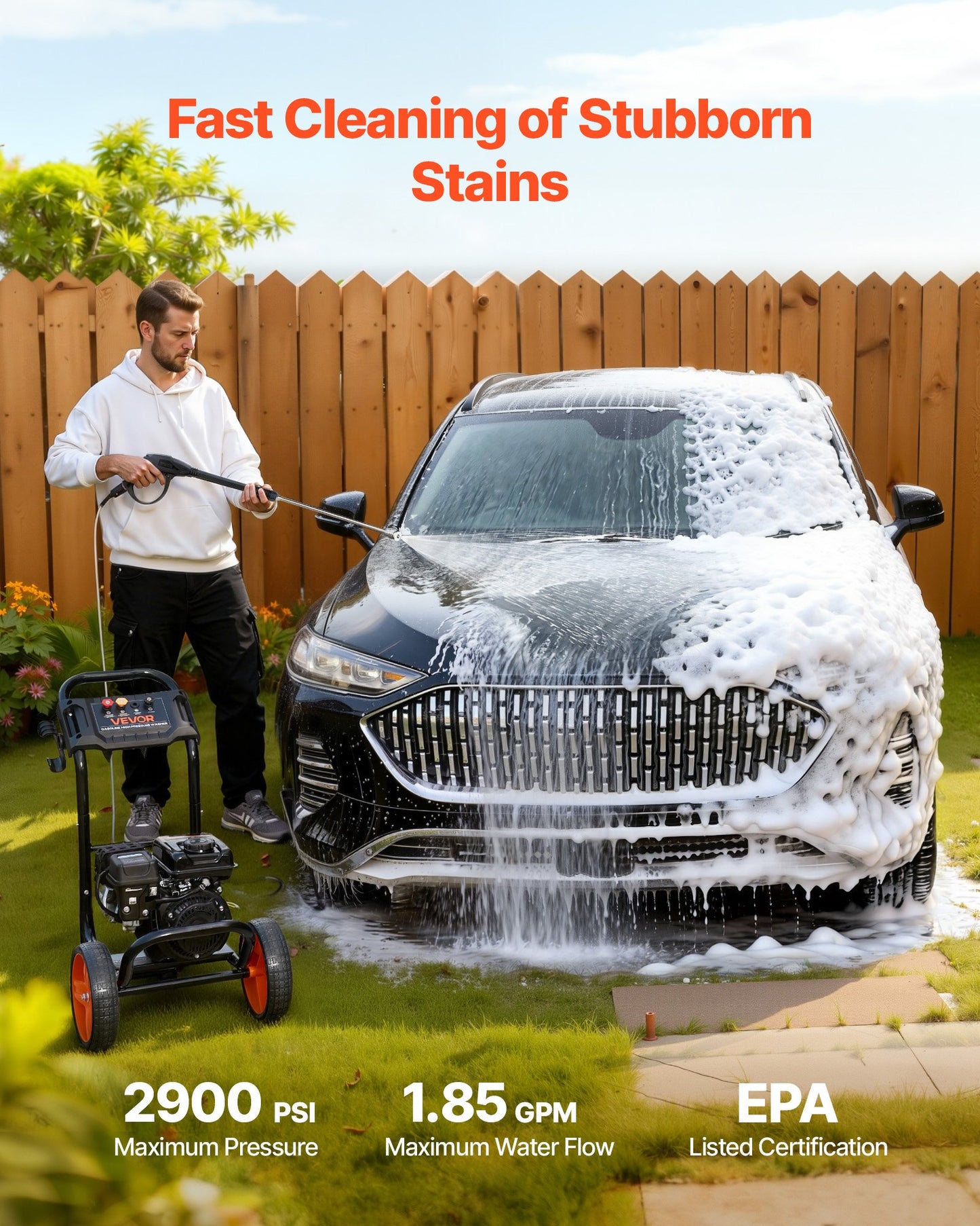 Gas Pressure Washer 2900 PSI 1.85 GPM with Aluminum Pump and 4 Nozzle Set - Black