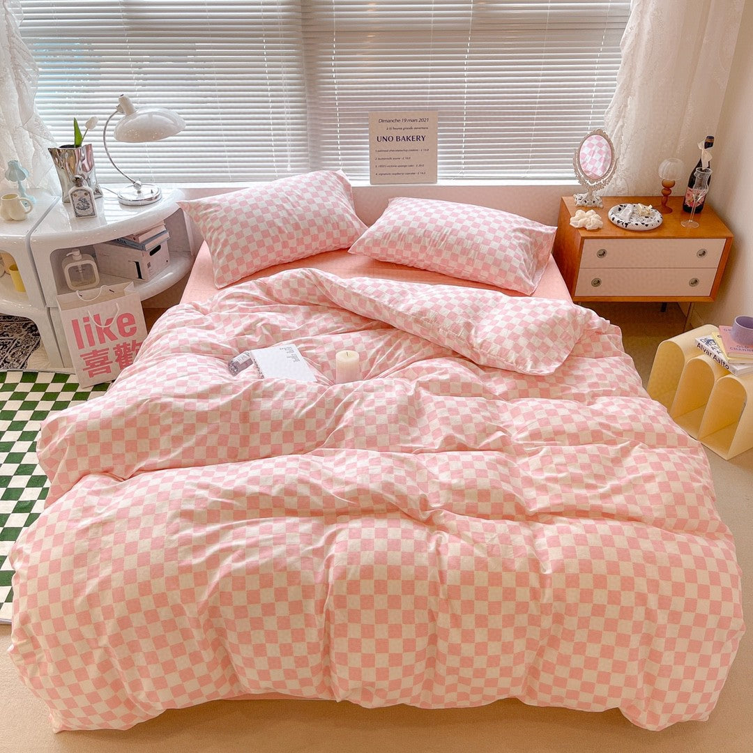 Cotton Checkered Bed Set - 4 Pieces Modern Geometric Bedding Collection