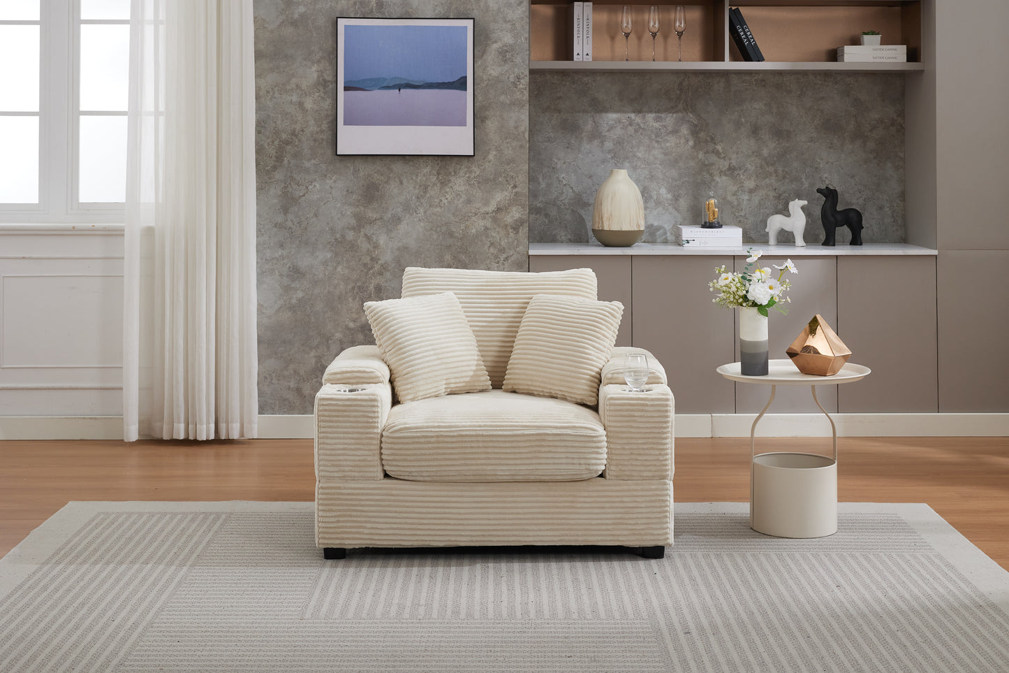 Corduroy Upholstered Chaise Lounge Sofa with Storage & Ottoman - Beige
