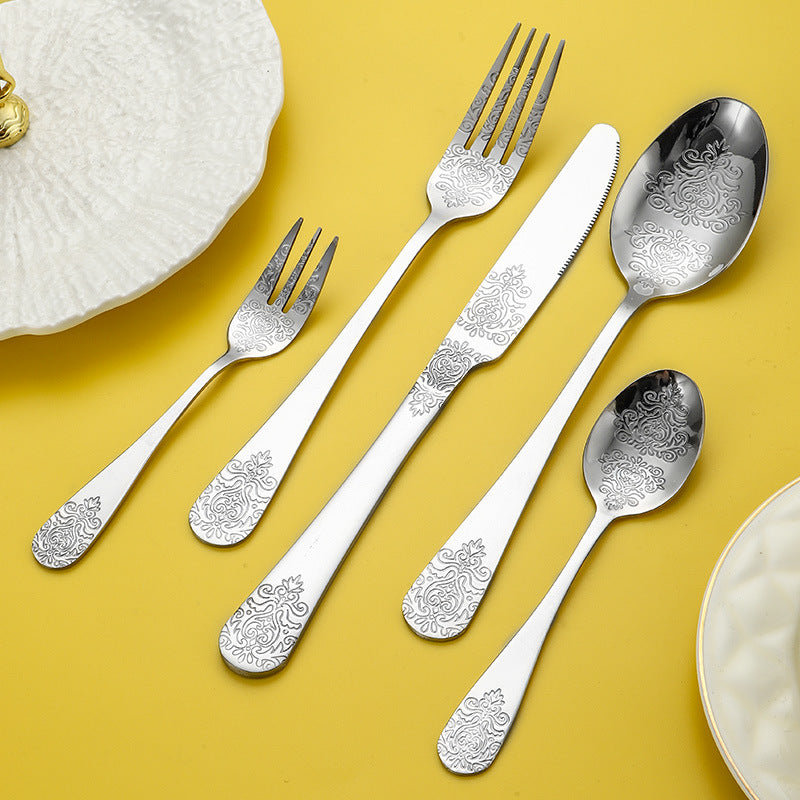 Vintage Gold-Plated Stainless Steel Cutlery Set - Dinner Knife Fork Spoon Tea Spoon