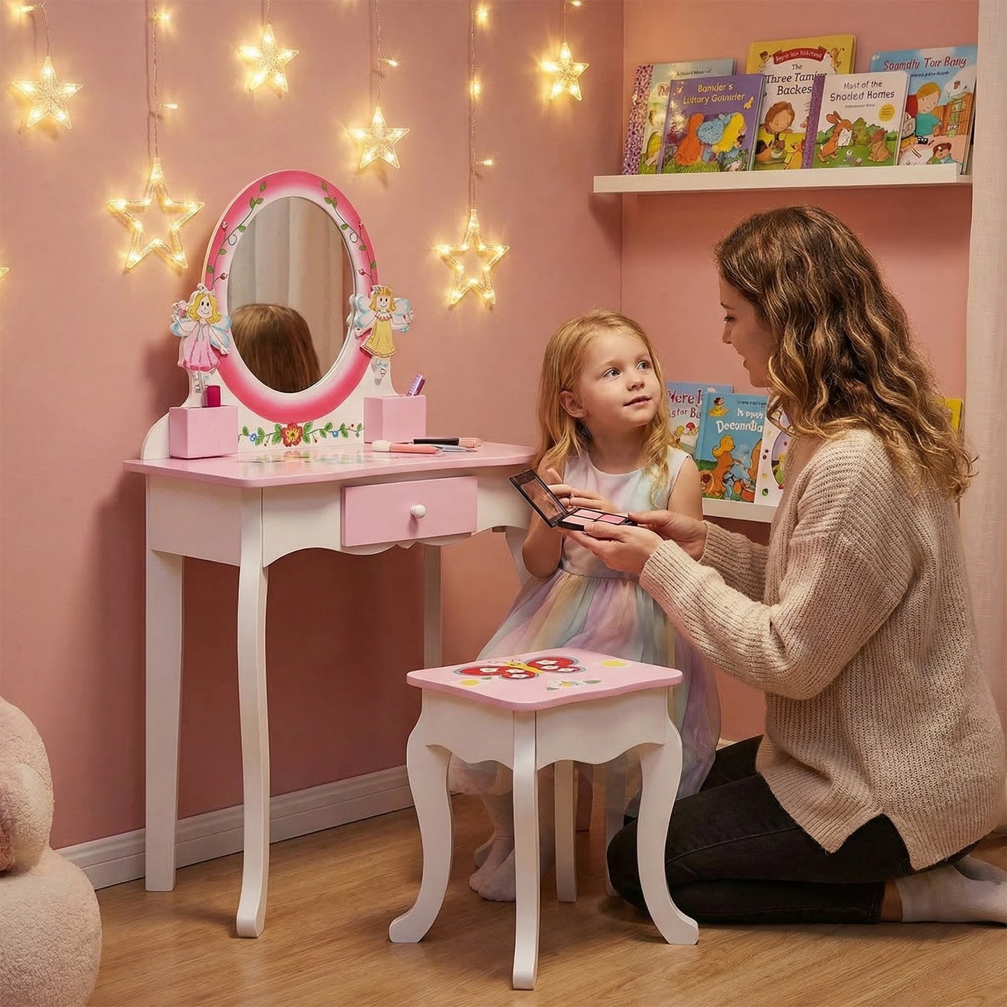 Kids Vanity Set Floral Printed Wooden Makeup Dressing Princess Table