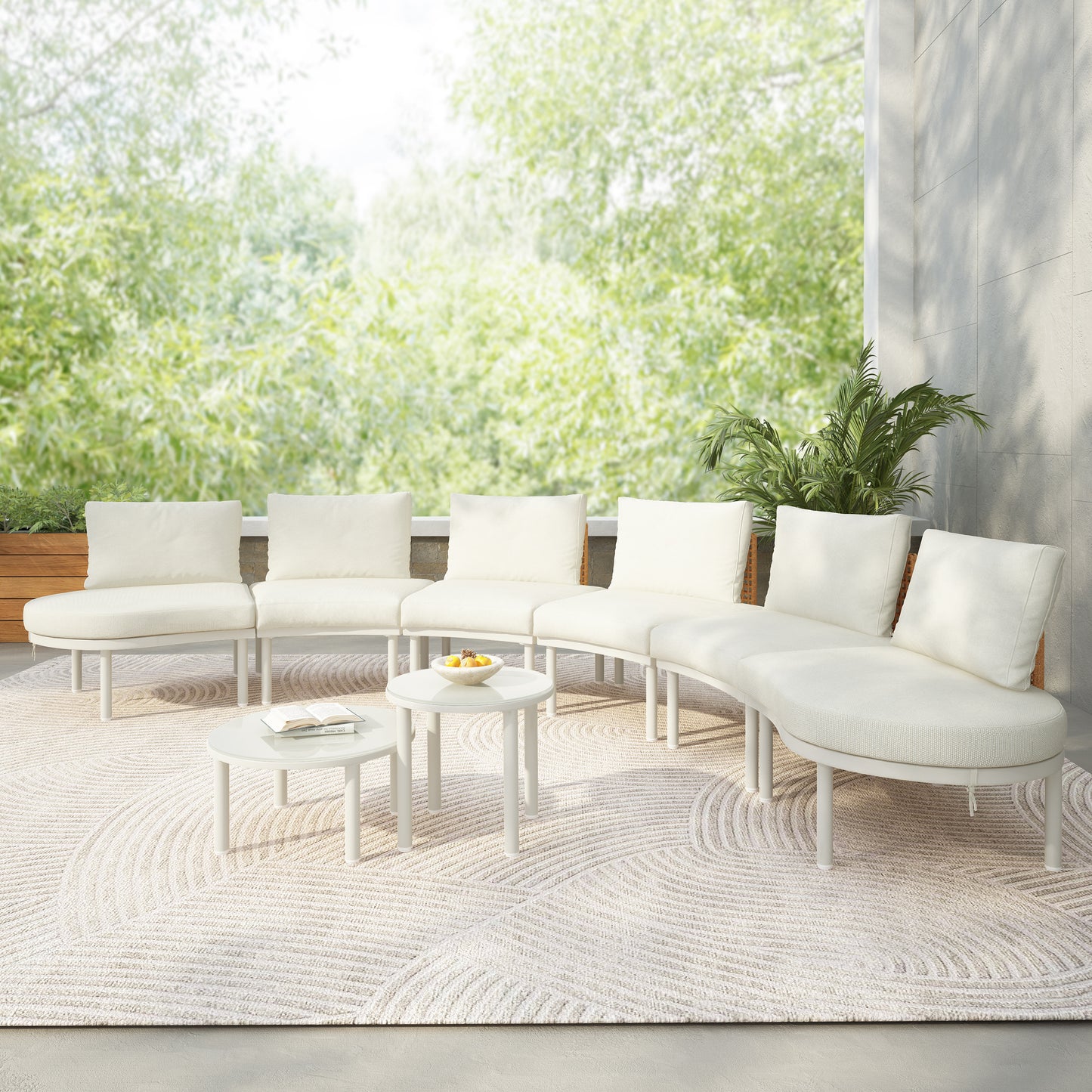 8-Piece Half Moon Outdoor Sectional Sofa Set with Coffee Tables - Beige