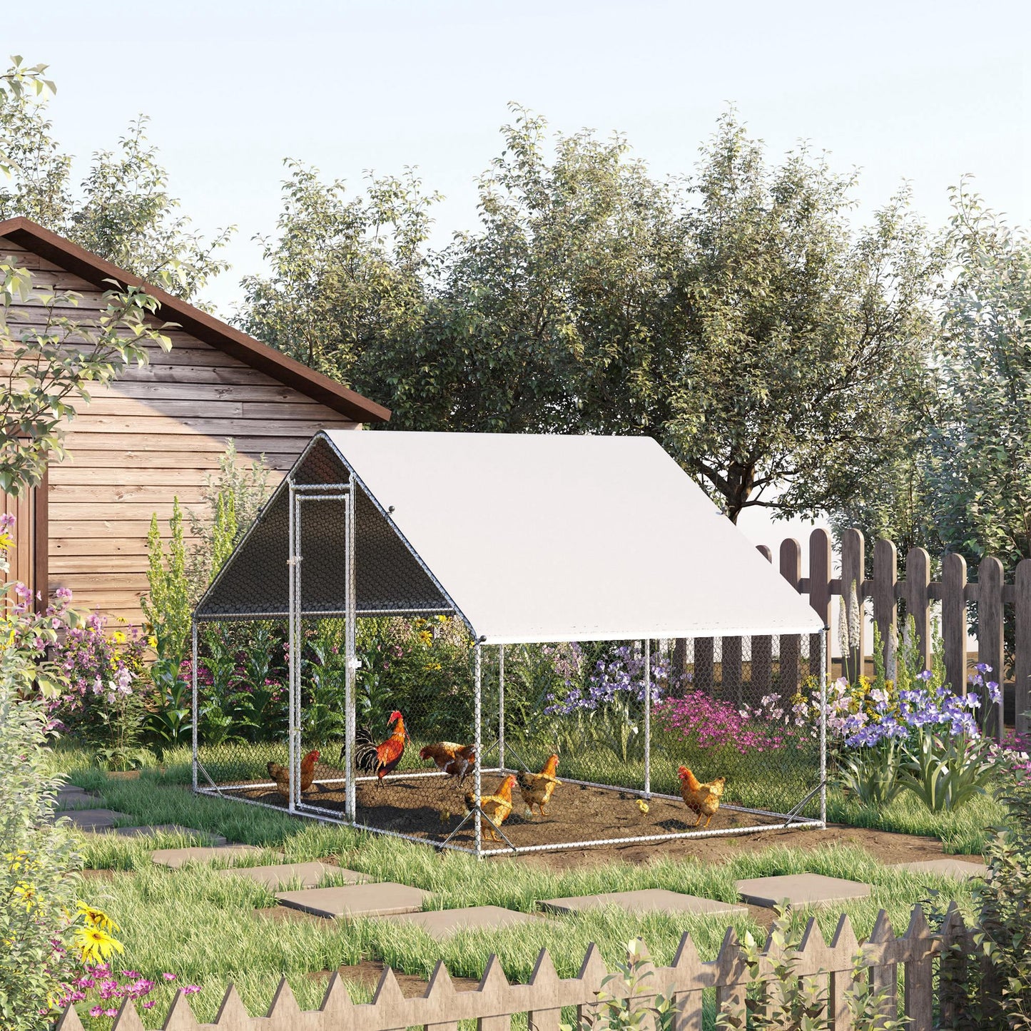 Large Metal Chicken Coop with Waterproof Cover & Walk-In Fence 1980x280x160mm