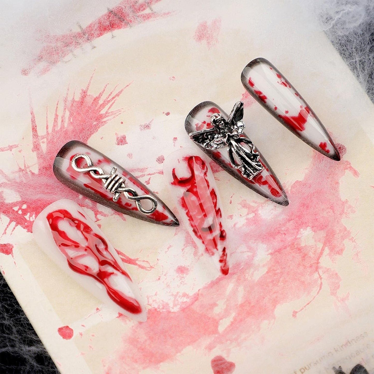 Extra Long Teardrop Press-On Nails - 3D Blood Angel Gothic Nail Art Set
