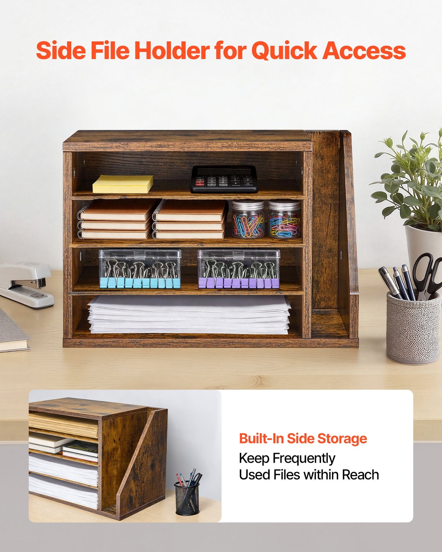 Wooden Literature Organizer with 4 Compartments and Side Storage - Office Desk File and Document Organizer