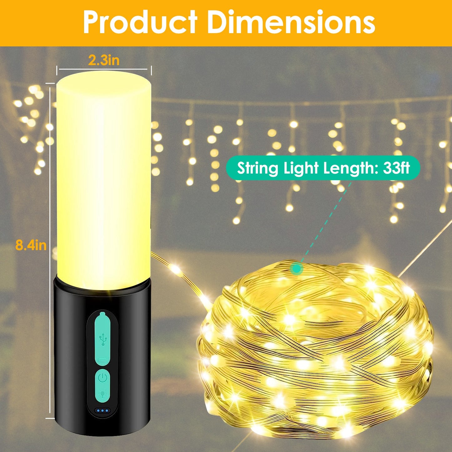 4-in-1 Rechargeable Camping Lantern with 33ft String Light - Black